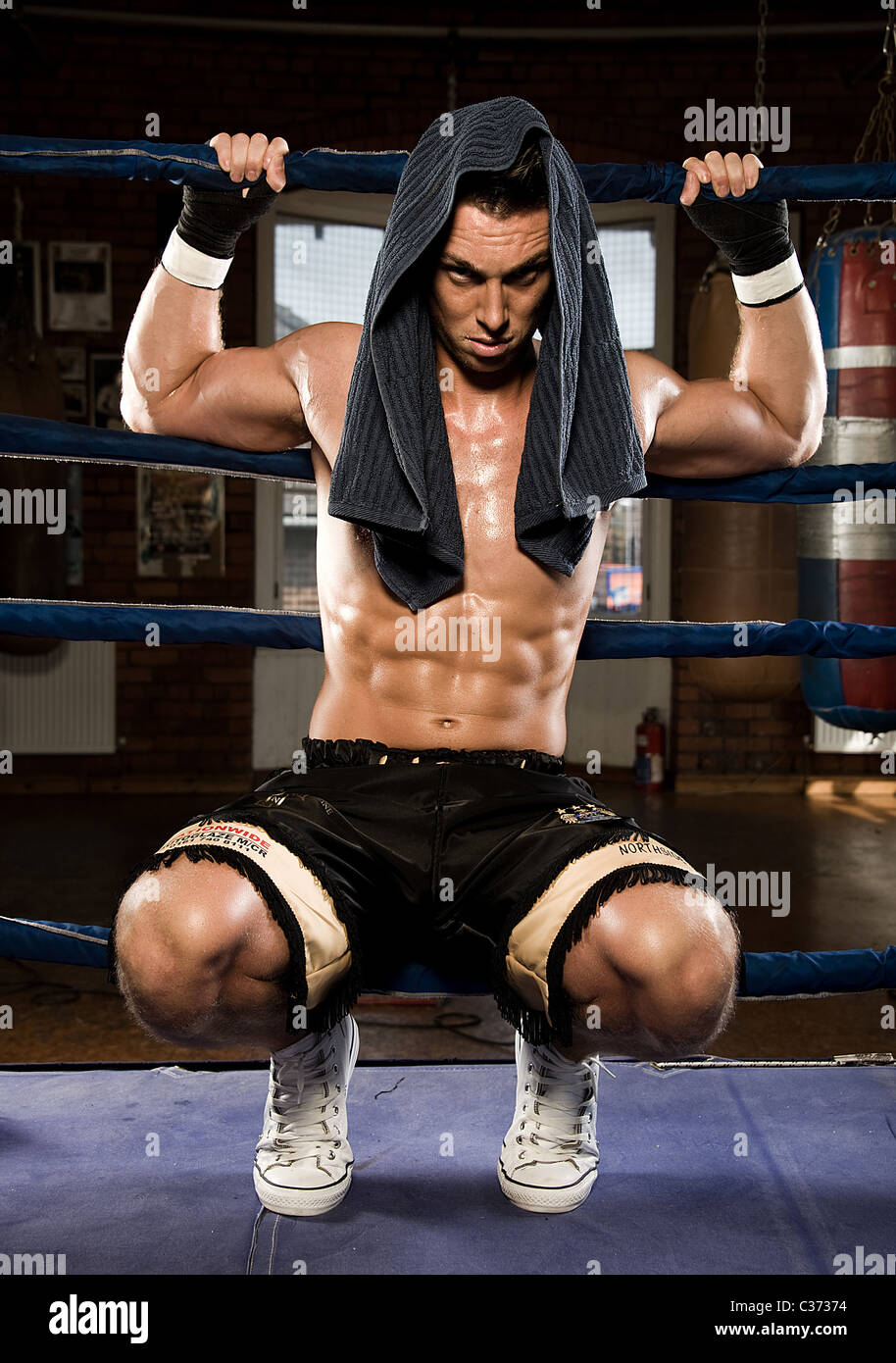 Ritratto del boxer maschio con asciugamano sulla testa Foto Stock