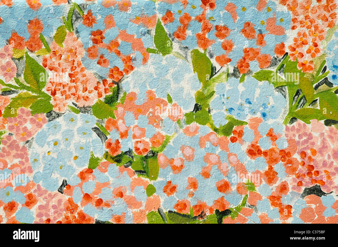 La pittura di hydrangea o hortensia fiori su una parete Foto Stock