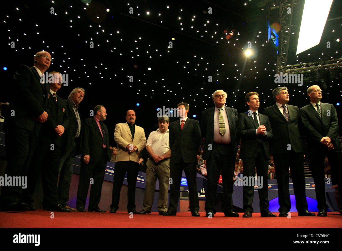 Il leggendario snooker commentatore Ted Lowe ha morti di età compresa tra i 90 per il giorno di apertura del Campionato del Mondo di finale. Membri del mondo di snooker ricordate la grande voce di BBC TV Snooker. Foto Stock