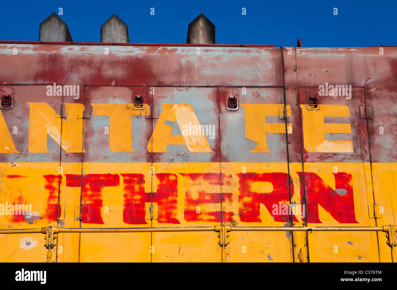 Dettaglio di una Santa Fe Southern treno motore, Santa Fe, New Mexico, negli Stati Uniti. Foto Stock