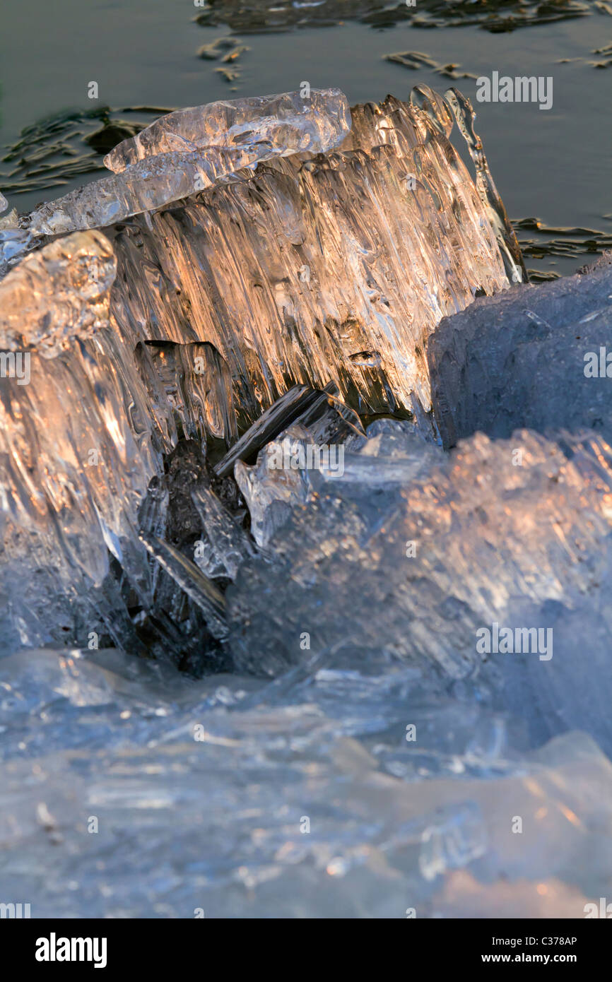 La deriva di ghiaccio sul fiume siberiano Irtysh sotto il tramonto Foto Stock