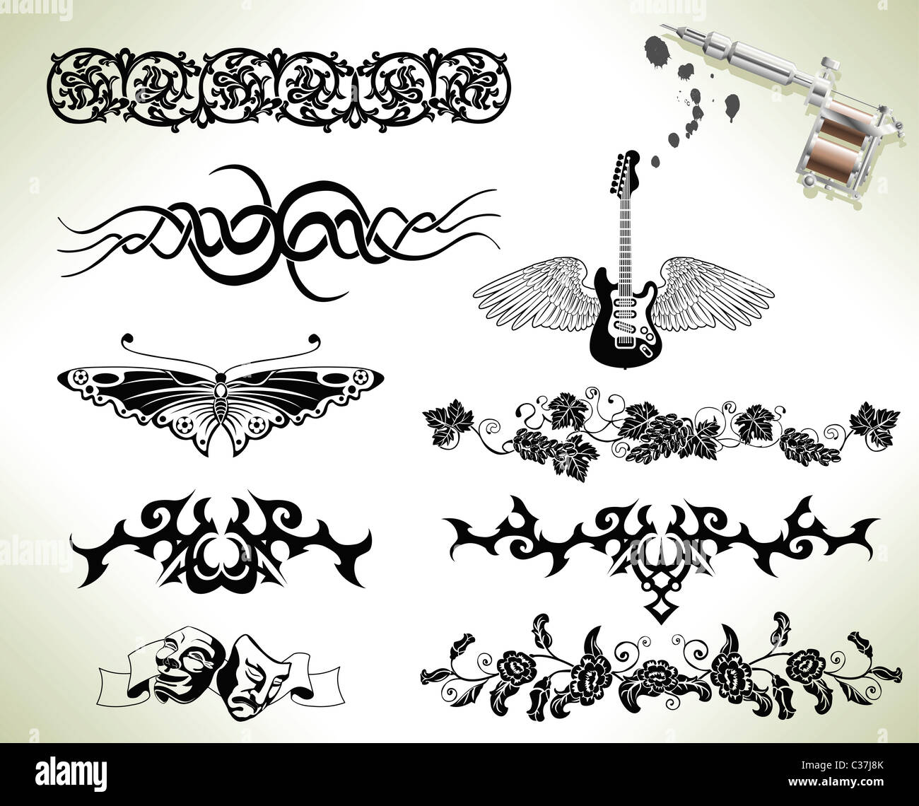 Serie di tattoo flash design elementi con tattooists a pistola o a macchina Foto Stock