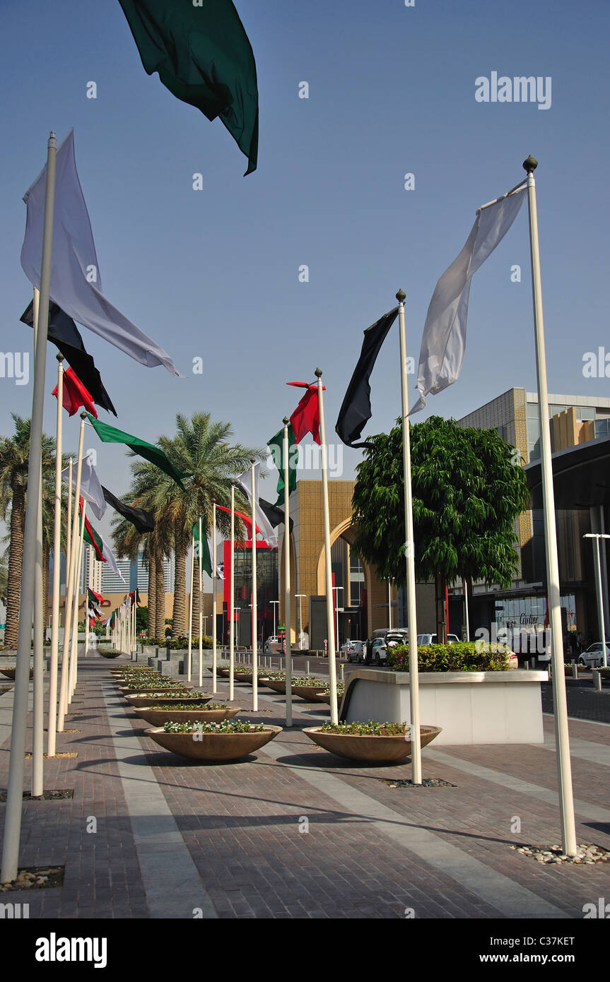 Ingresso principale al centro commerciale di Dubai, Doha Street, il centro cittadino di Dubai e Centro commerciale di Dubai, Emirati Arabi Uniti Foto Stock