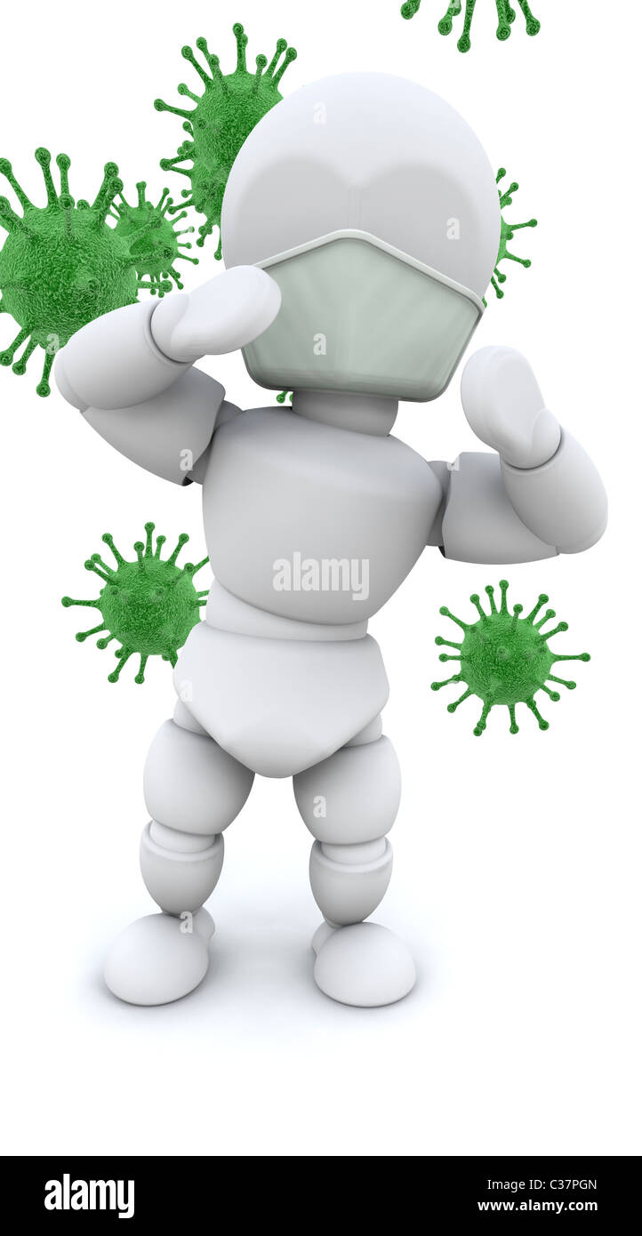 3D rendering di un uomo in maschera circondato da batteri Foto Stock