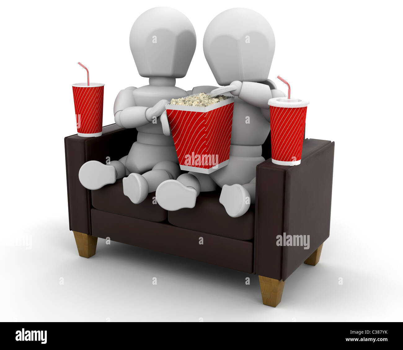 3D render di due persone a guardare un film mangiare popcorn bere le acque gassate Foto Stock