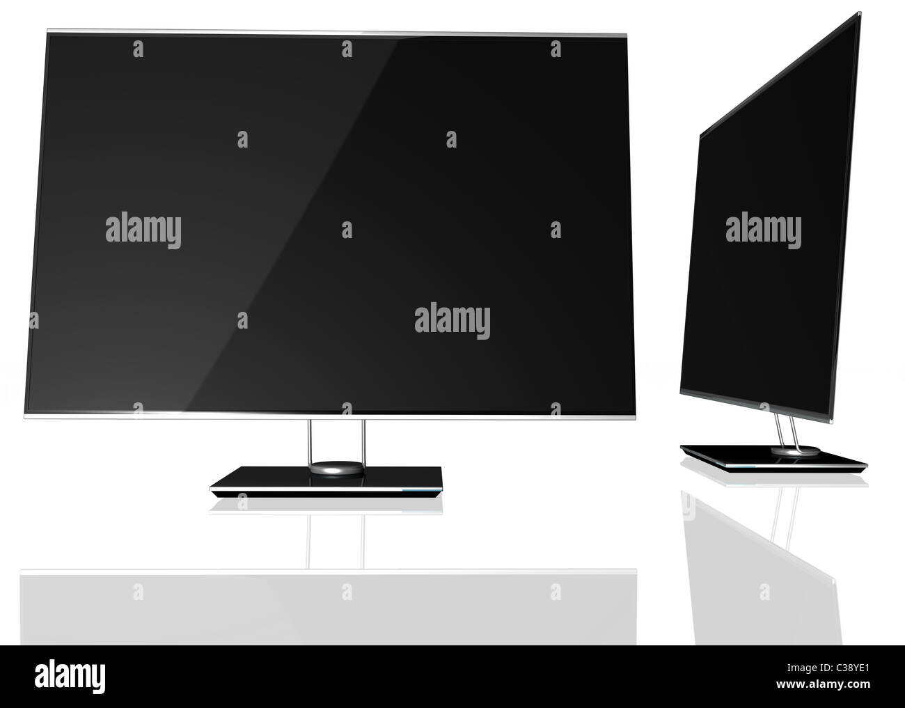 Vista anteriore e laterale di un sottile TV LED isolato su bianco con la riflessione Foto Stock