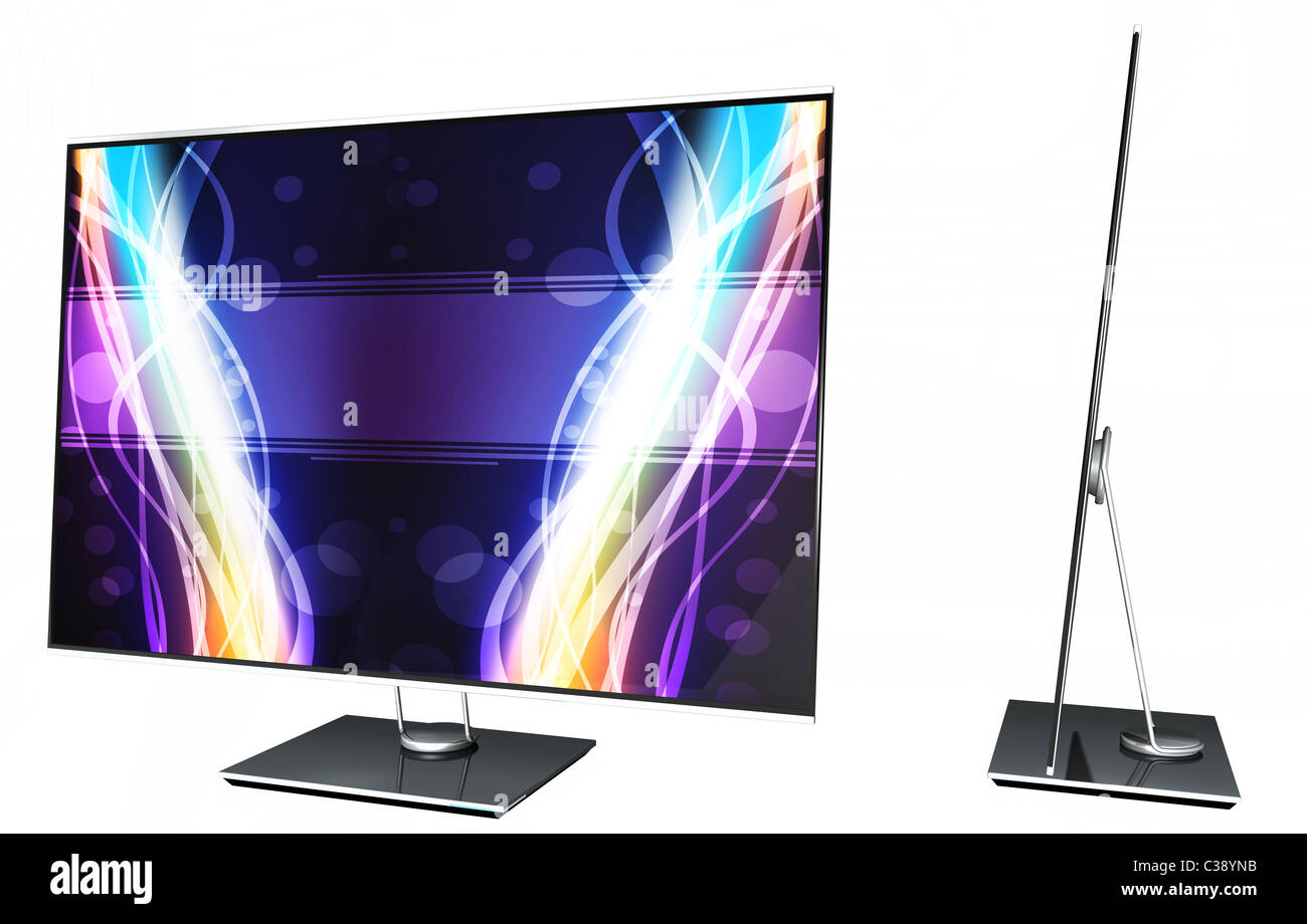 Vista anteriore e laterale di un sottile TV LED con sfondo colorato isolato su bianco Foto Stock