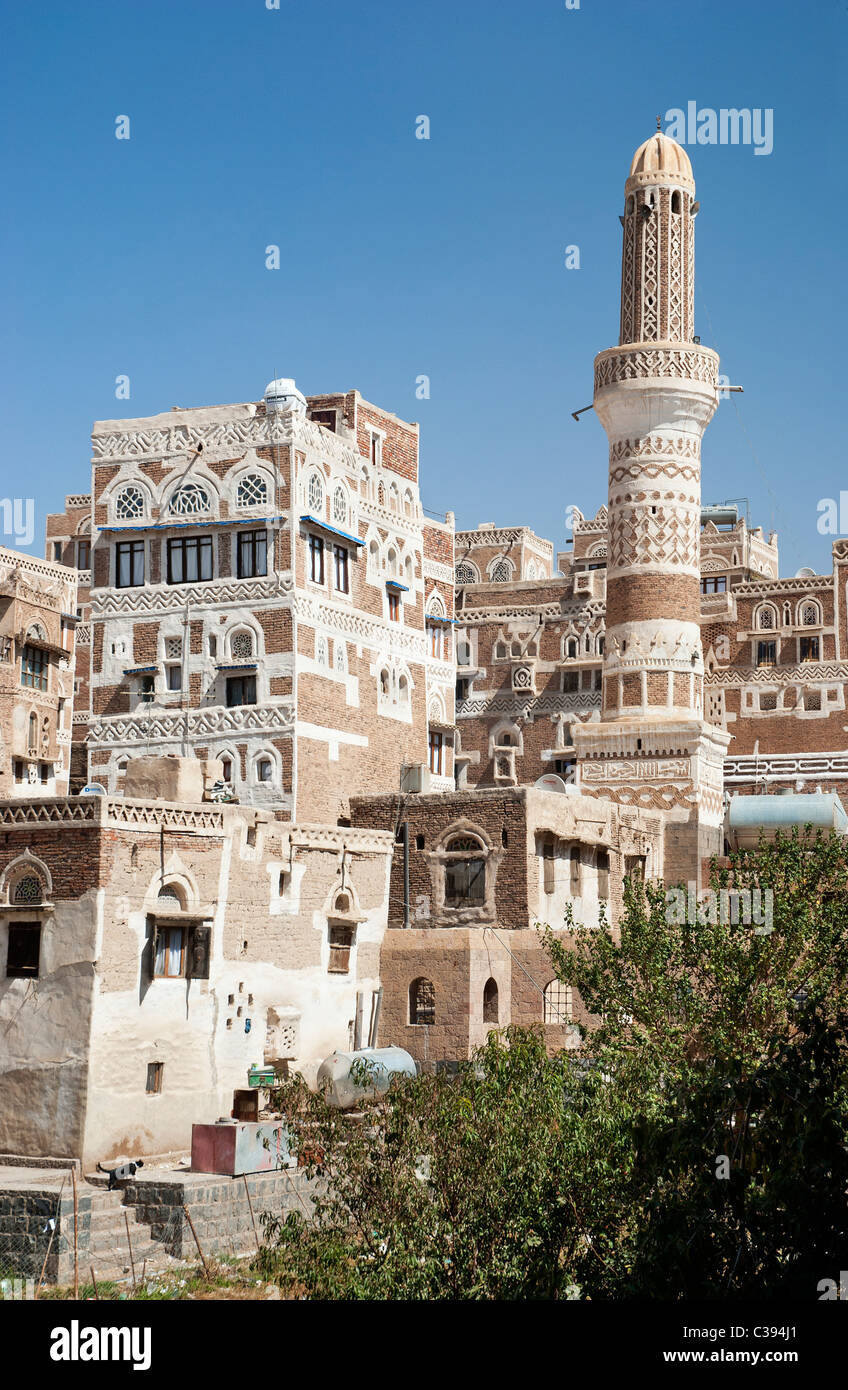Sanaa città vecchia, Yemen - tradizionale architettura yemenita Foto Stock