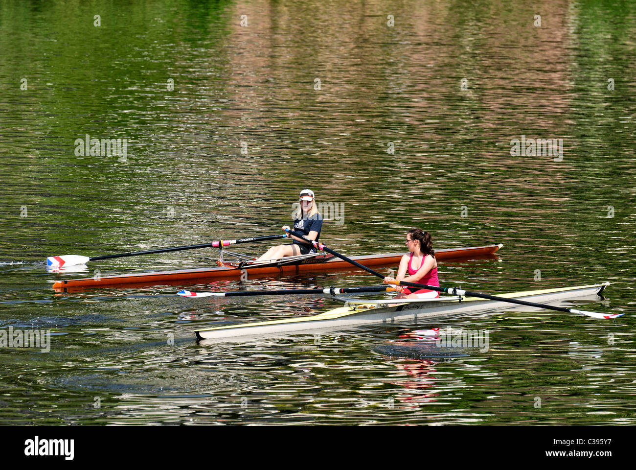 Due giovani donna singolo skiff canottaggio sul fiume Neckar, Heidelberg, Foto Stock
