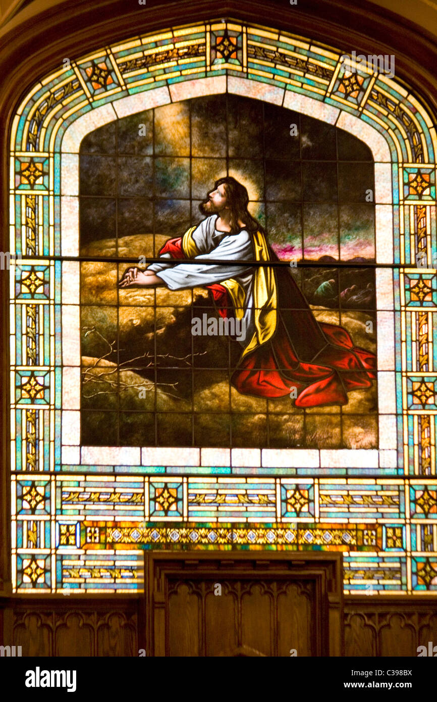 Macchia di finestra di vetro di Cristo pregando nel giardino del Getsemani nel transetto della chiesa luterana. St James Minnesota MN USA Foto Stock