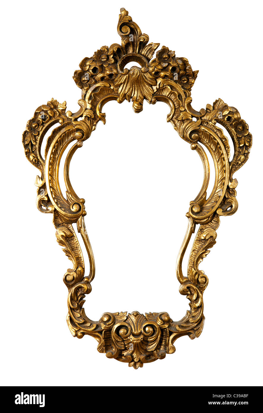 Retrò golden vecchio telaio uno specchio, stile barocco, isolato su bianco (tracciati di ritaglio incluso) Foto Stock