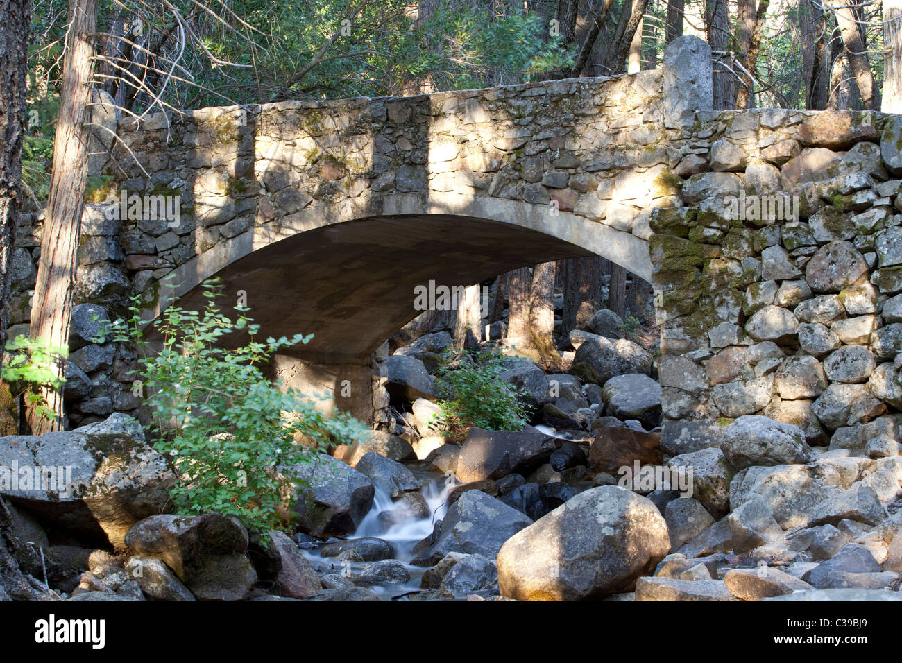 Una pietra e cemento Bridge crossing Bridalveil Creek nel Parco Nazionale di Yosemite. Foto Stock