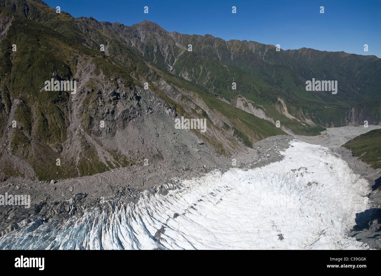 Guardando verso il basso il ghiacciaio Fox Foto Stock