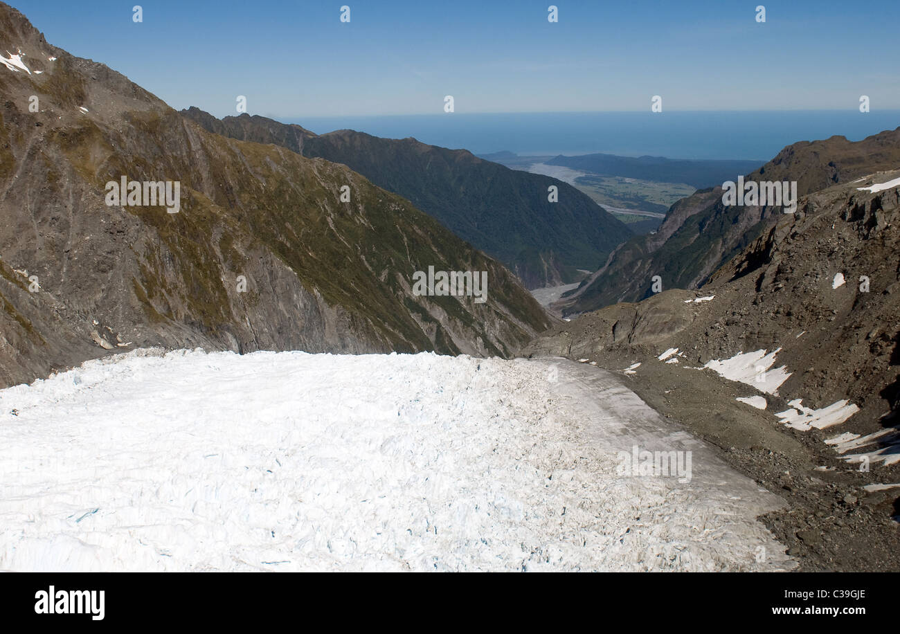 Guardando verso il basso il ghiacciaio Fox dalla parte superiore Foto Stock