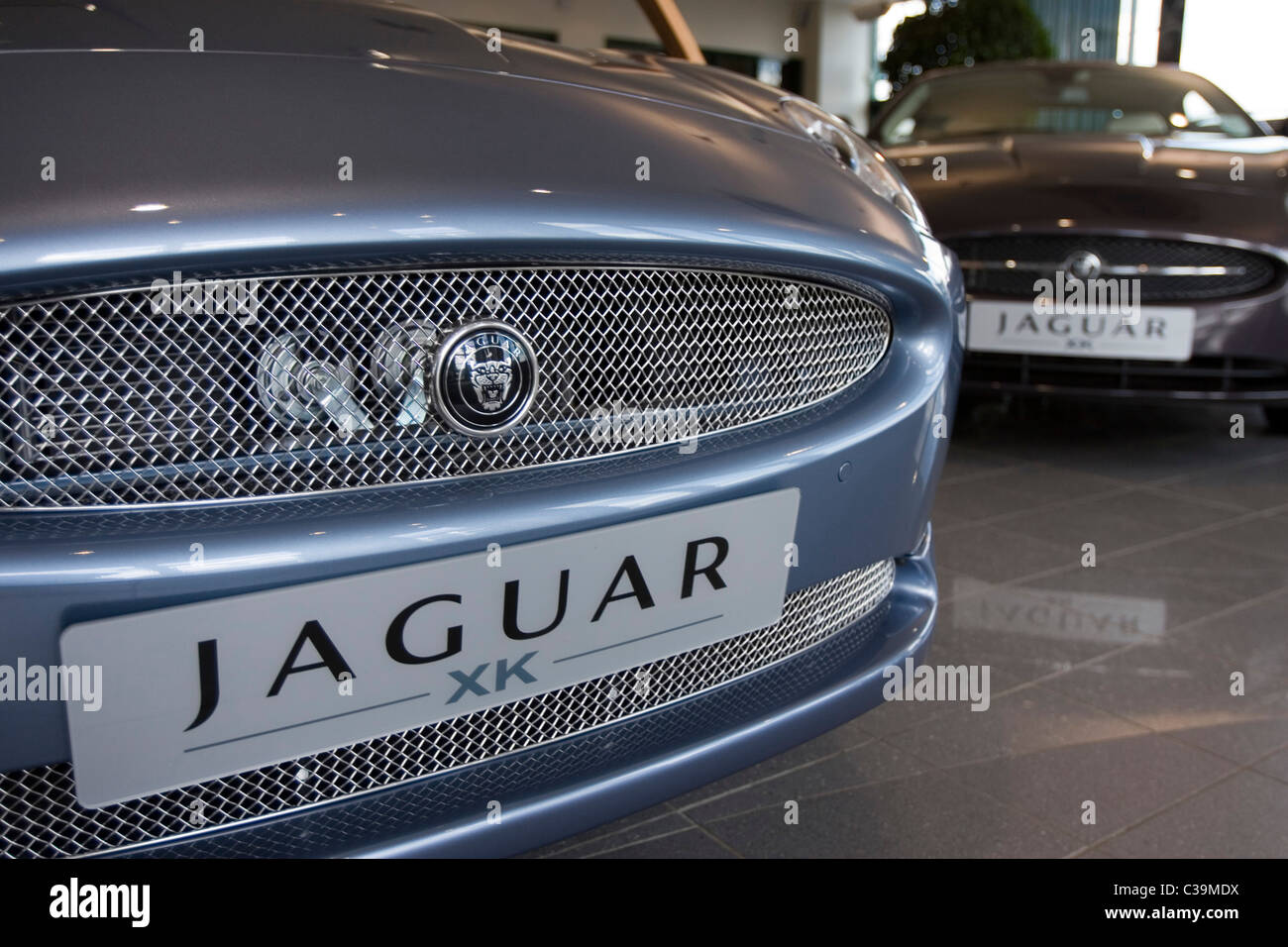 Una Jaguar XK all'interno di una concessionaria showroom in Cambridge Foto Stock