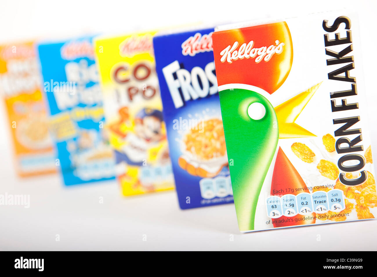 Una varietà di Kellogg's boxed prodotti cerealicoli. Foto Stock
