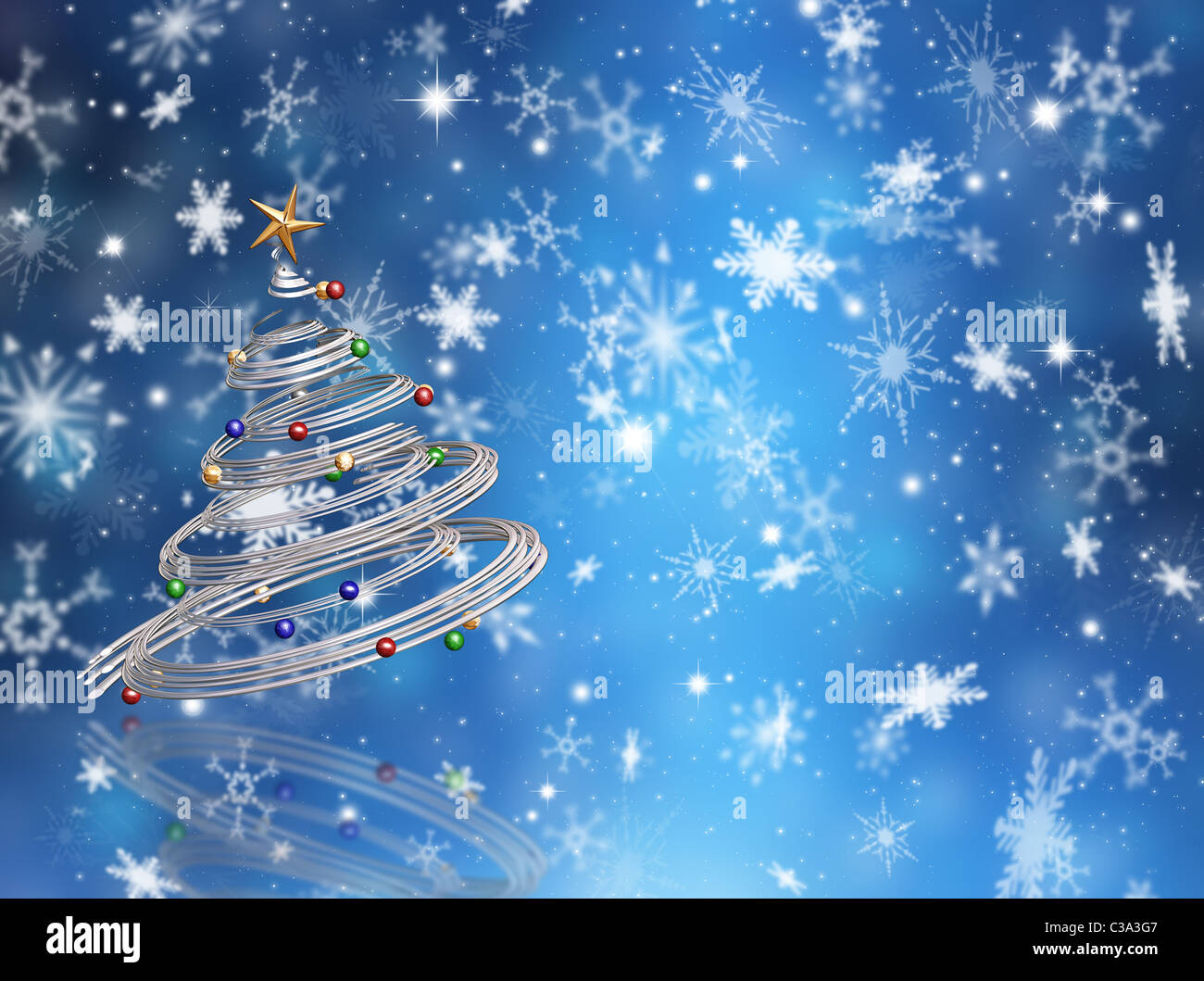 Albero di natale su uno sfondo con i fiocchi di neve e stelle Foto Stock