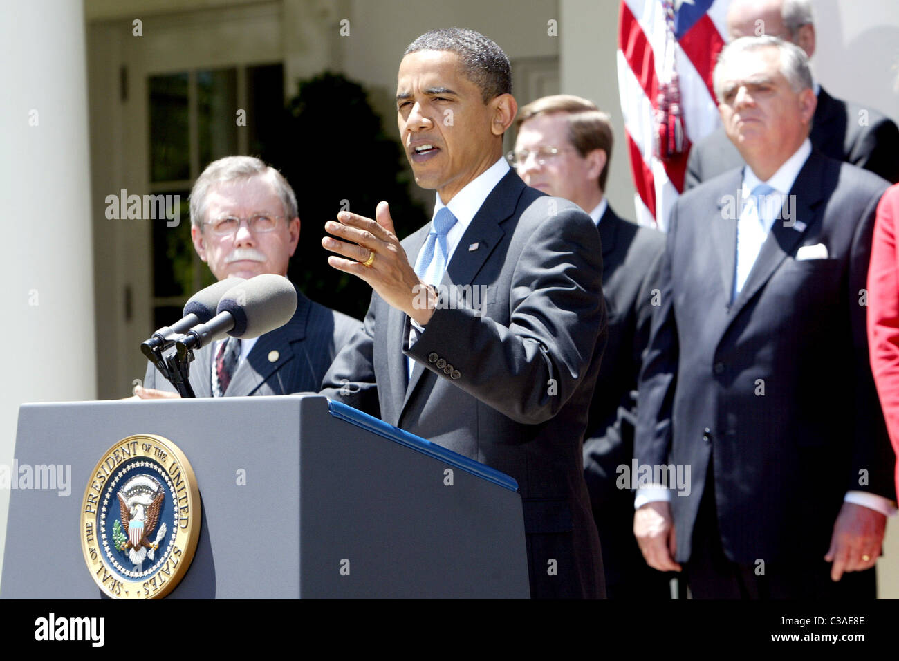 Il Presidente Usa Barack Obama durante una conferenza stampa ha annunciato un nuovo combustibile nazionale e alle norme di emissione programma per automobili e Foto Stock