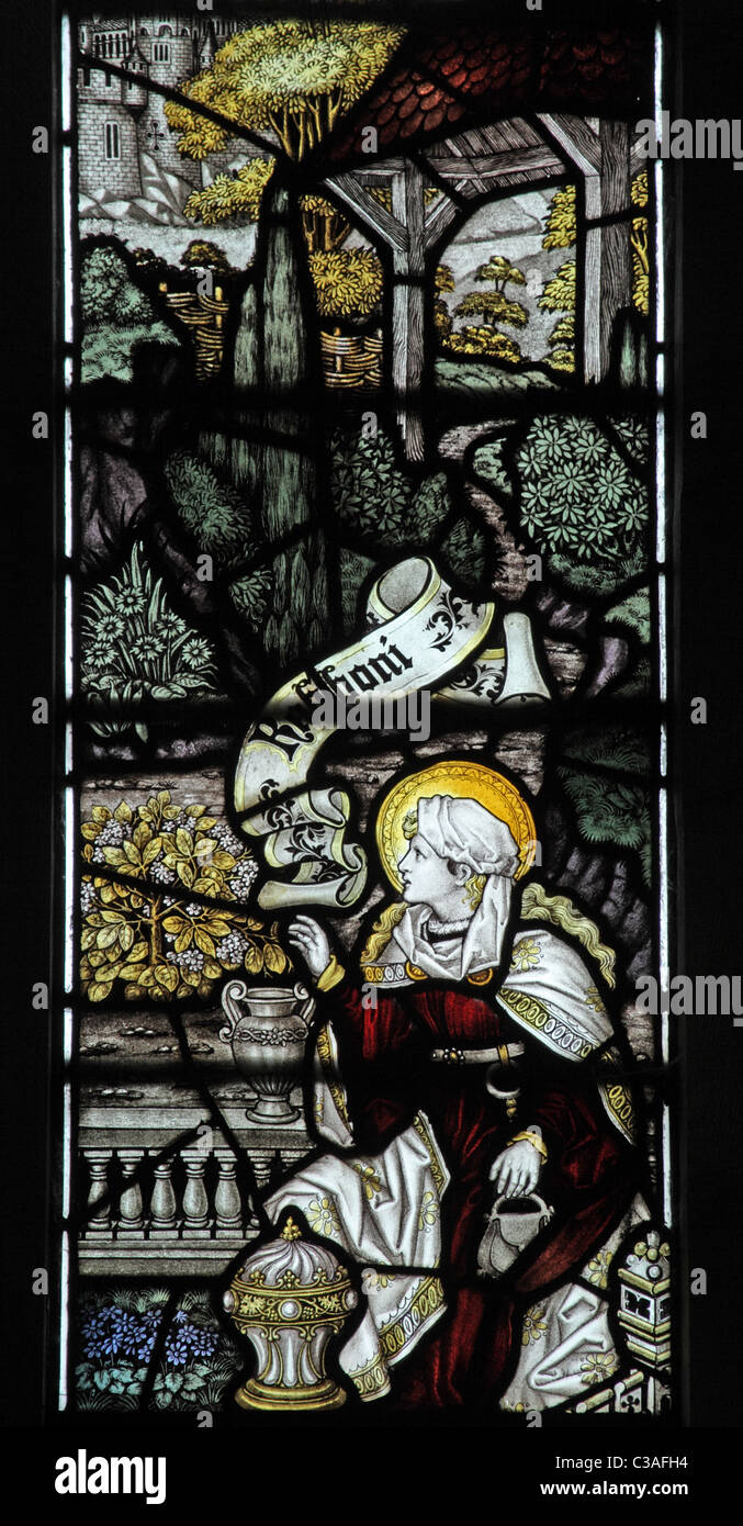 Una delle vetrate colorate dal Kempe Studios, Chiesa di Santa Maria, Mucklestone, Staffordshire; comparsa a Maria Maddalena Foto Stock Una delle vetrate colorate dal Kempe Studios, Chiesa di Santa Maria, Mucklestone, Staffordshire; comparsa a Maria Maddalena Foto Stock
