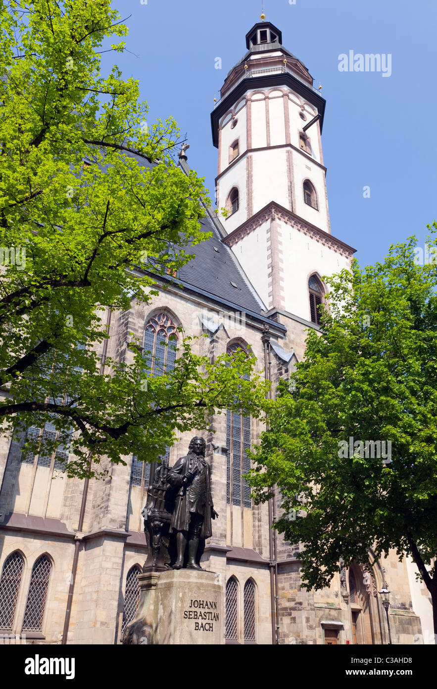 Chiesa di San Tommaso con Johann Sebastian Bach statua, Leipzig, in Sassonia, Germania Foto Stock