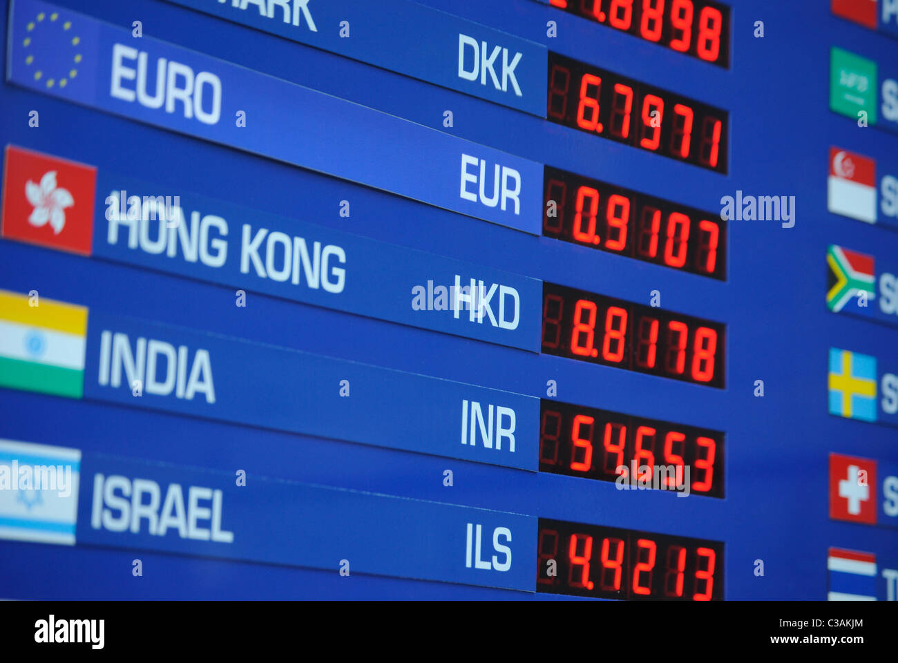 Segno raffigurante i tassi di cambio per le diverse valute internazionali. Foto Stock