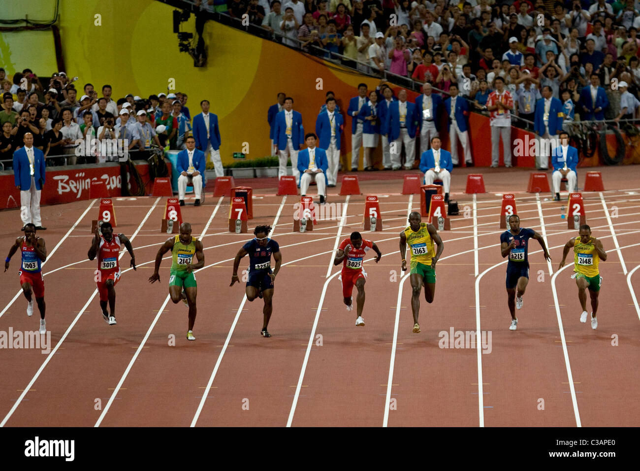 Usain Bolt Vince La 100m Nel Mondiale A Tempo Di Record Di 9 69 Secondi A 2008 Olimpiadi Estive A Pechino Cina Foto Stock Alamy