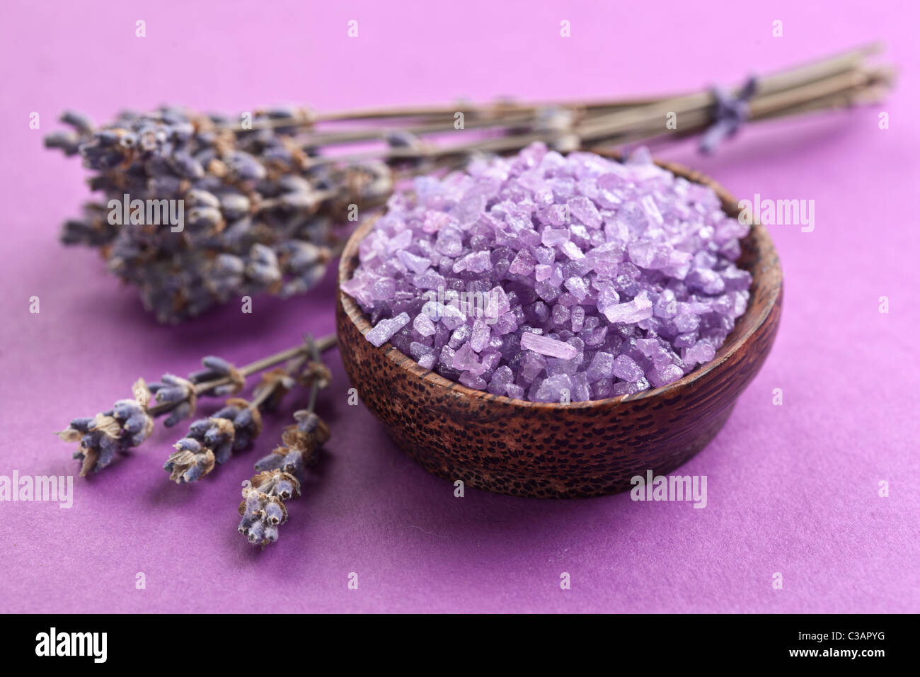 Sea-sale e lavanda essiccata su uno sfondo violetto. Foto Stock