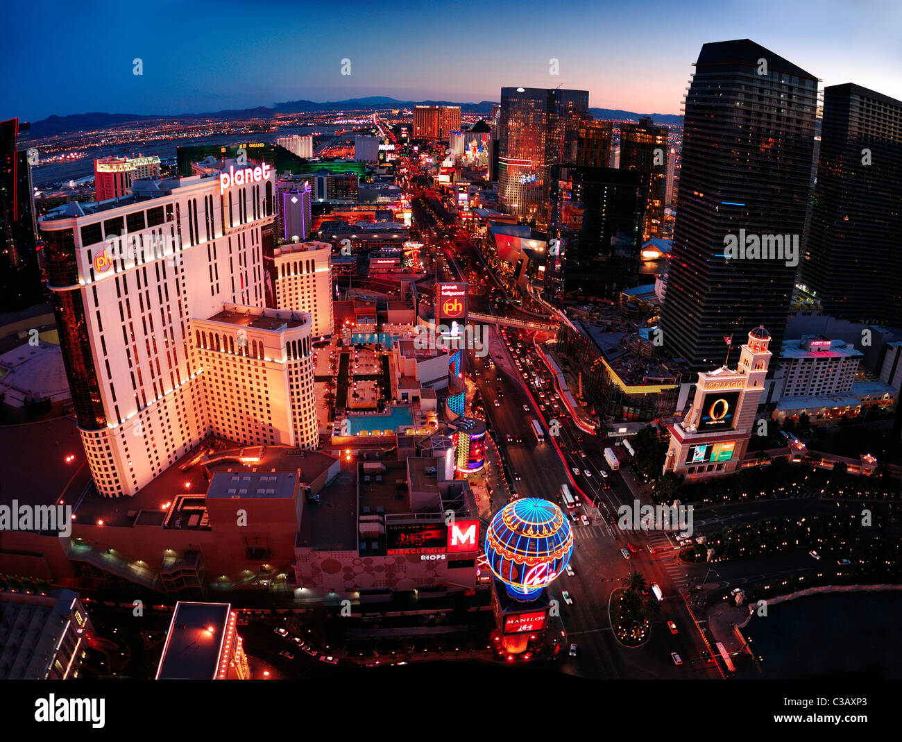 Antenna panorama di Las Vegas Strip al tramonto. Foto Stock