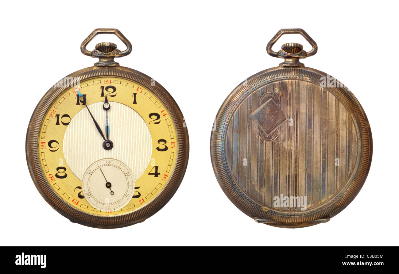 Antico orologio da tasca isolati su sfondo bianco. Percorso di clipping incluso. Foto Stock