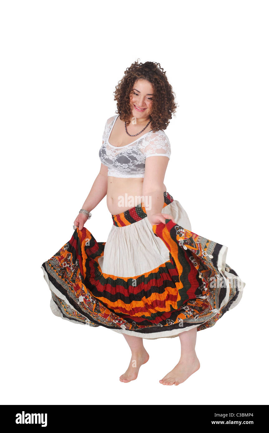 Egiziano stile Beladi danzatrice del ventre su sfondo bianco Foto Stock