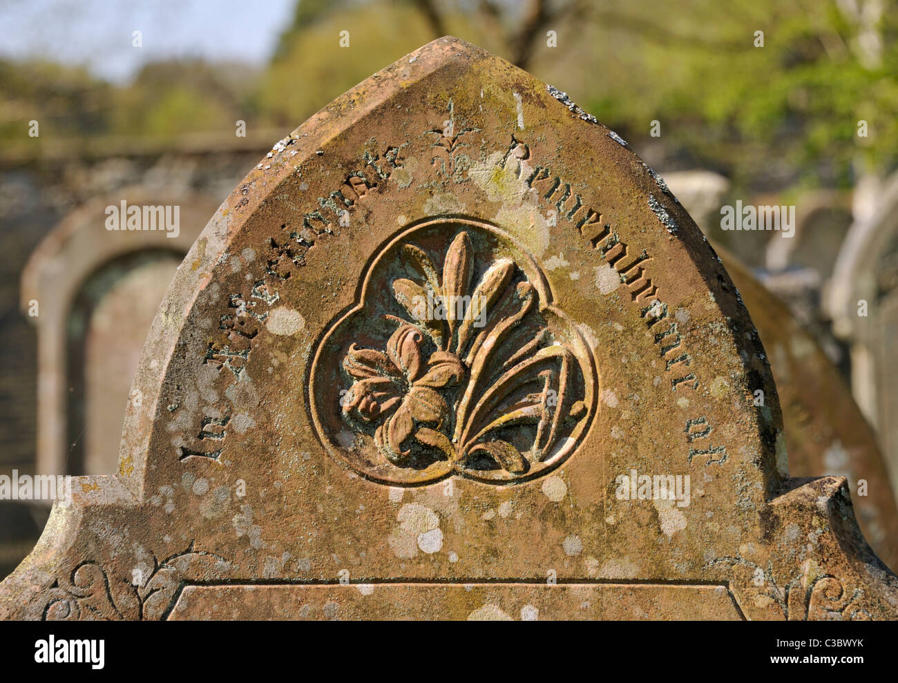 Dettaglio della pietra tombale con disegno floreale stilizzato. Chiesa di san Kentigern. Caldbeck, Cumbria, England, Regno Unito, Europa. Foto Stock