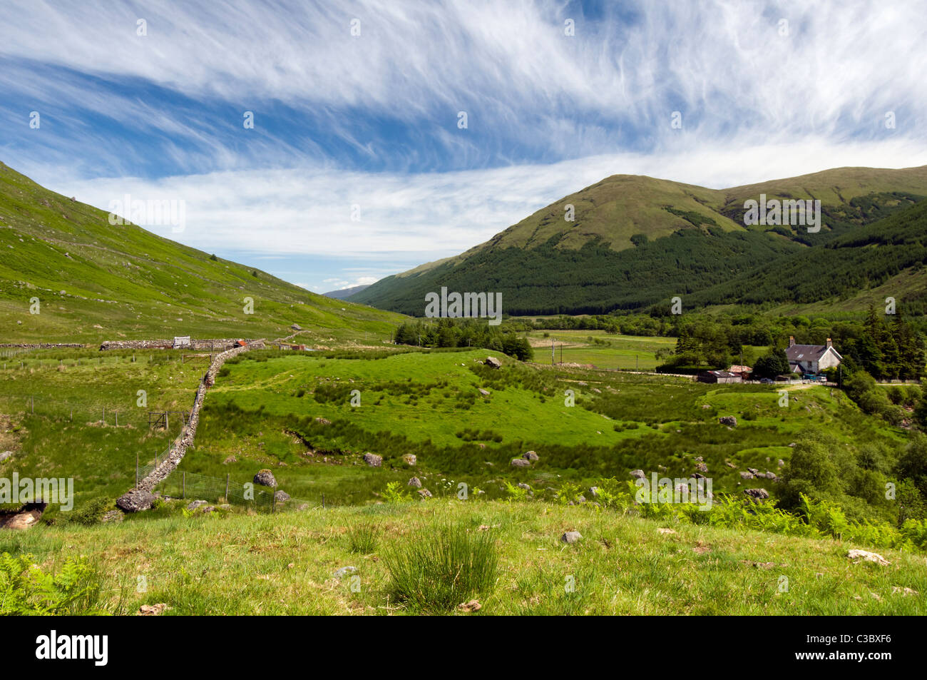 Campagna scozzese scena ripresa alla fine di Balquhidder glen, parte del Loch Lomond e il Trossachs national park in estate Foto Stock