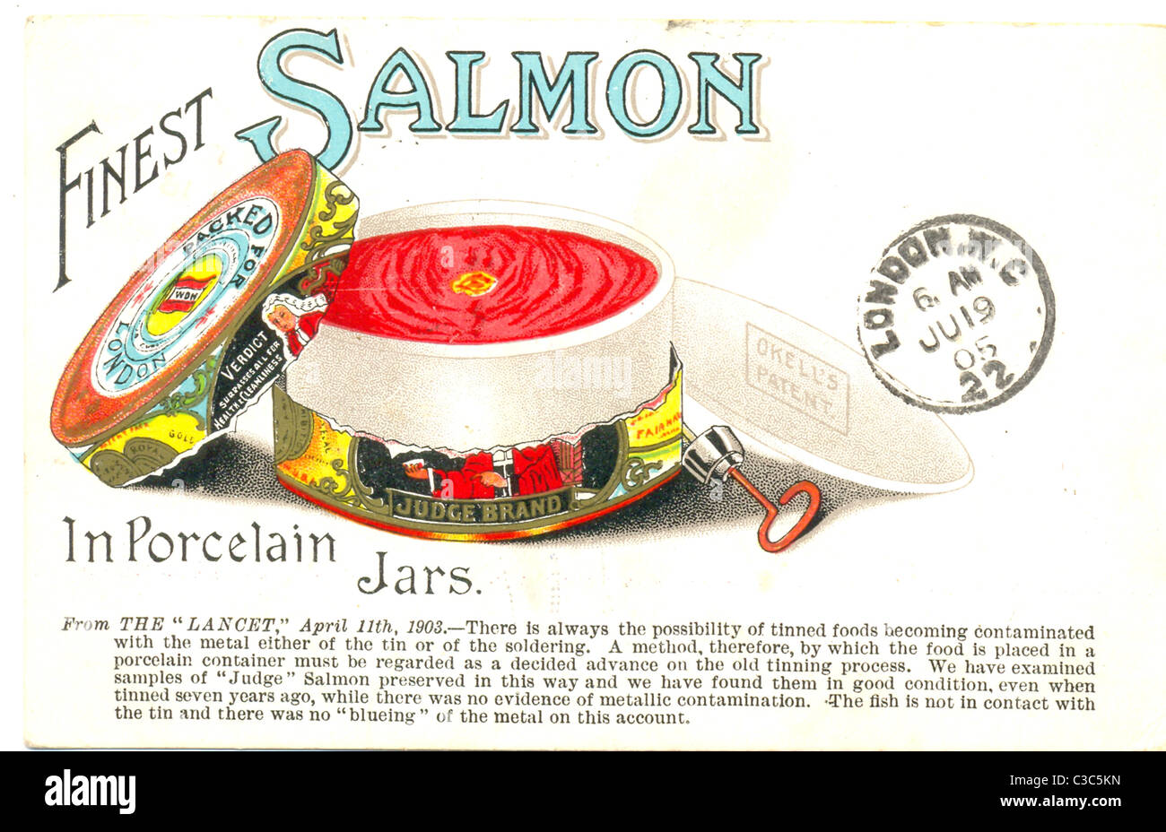 Cartolina pubblicitaria per il salmone 'Giudice' postsegnato 1905 Foto Stock