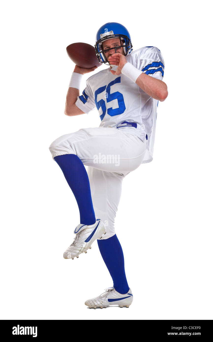 Foto di un giocatore di football americano, ritagliata su uno sfondo bianco. Foto Stock