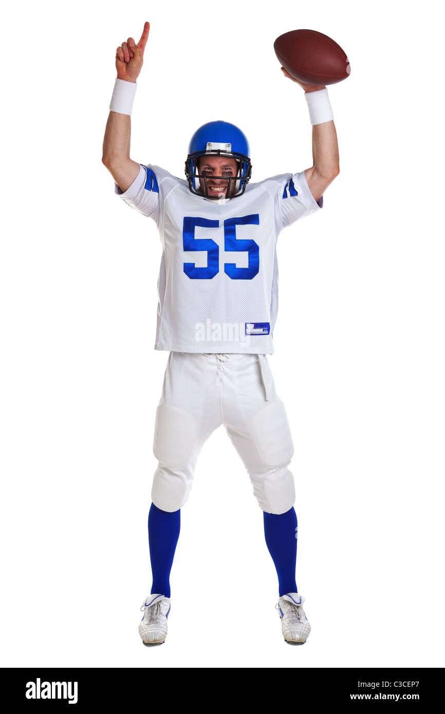 Foto di un giocatore di football americano, ritagliata su uno sfondo bianco. Foto Stock