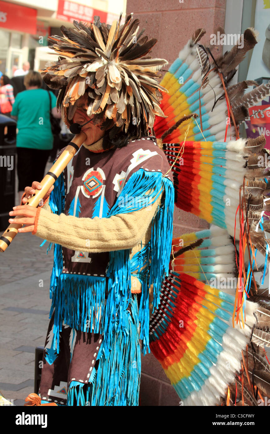 Nativi Messicani Indiani musicista di strada Blackpool Foto Stock