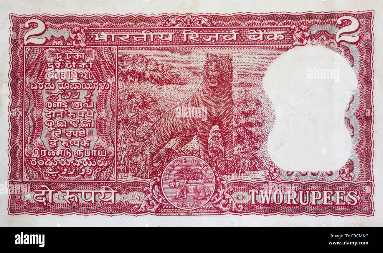 Indian 2 due rupie nota banca carta moneta che mostra la scrittura e la tigre Foto Stock