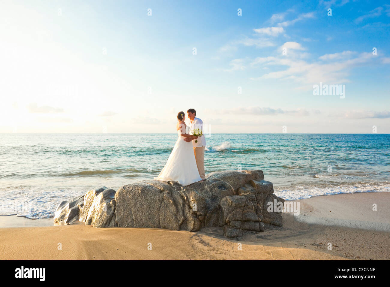 Coppia di sposi costeggiata sulla spiaggia Foto Stock