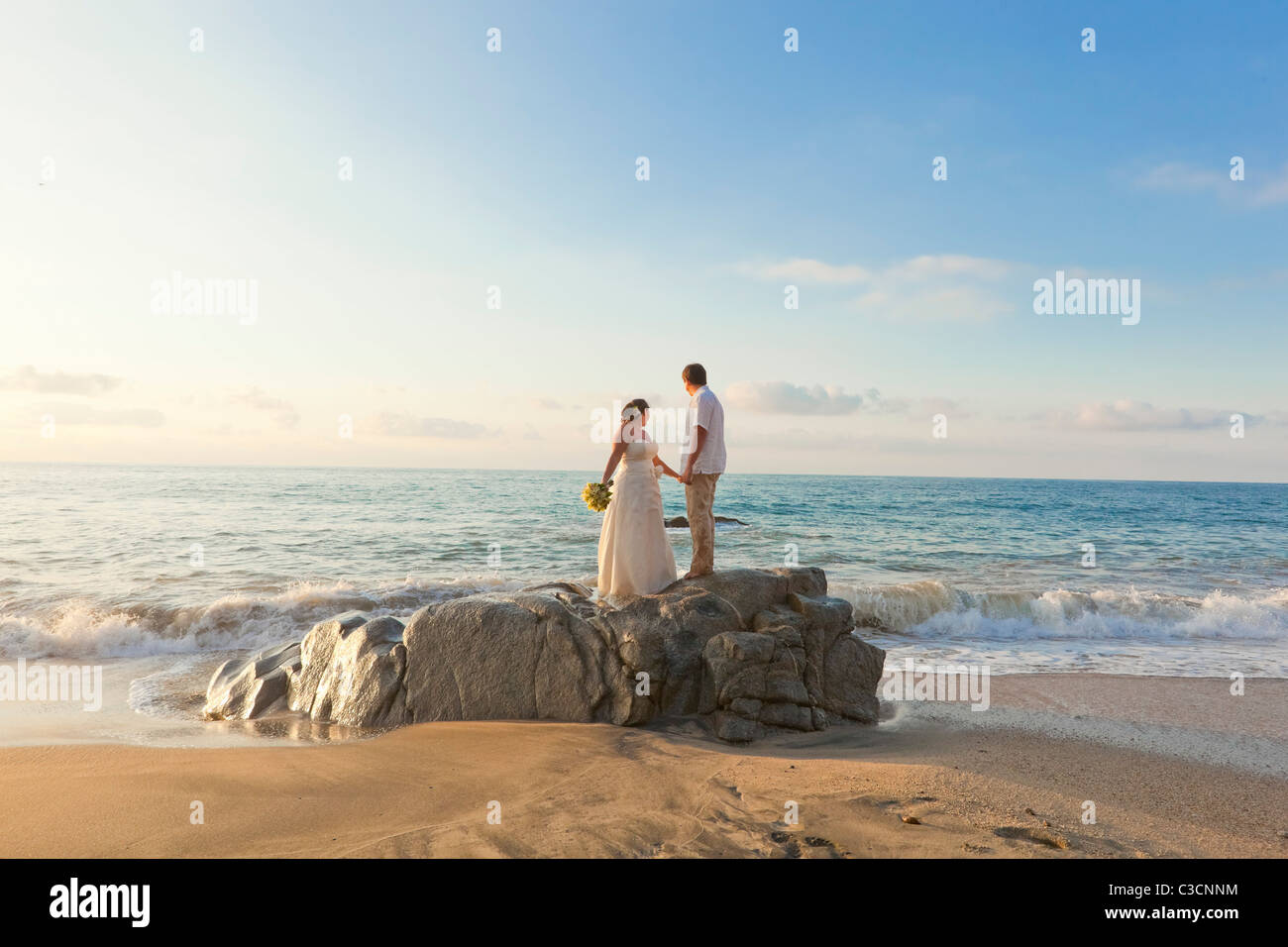 Coppia di sposi costeggiata sulla spiaggia Foto Stock