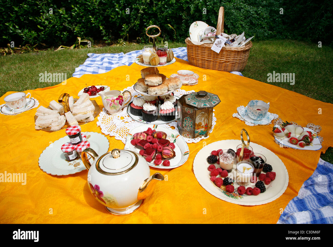 Tradizionale English cream tea picnic servito su stoviglie vintage Foto Stock