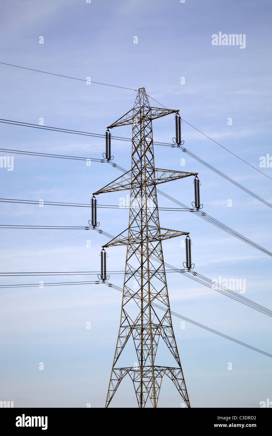 Pilone dell'azzurro del cielo. Grande pilone tiro dalla distanza contro il cielo blu brillante con cavi di sinistra e di destra Foto Stock