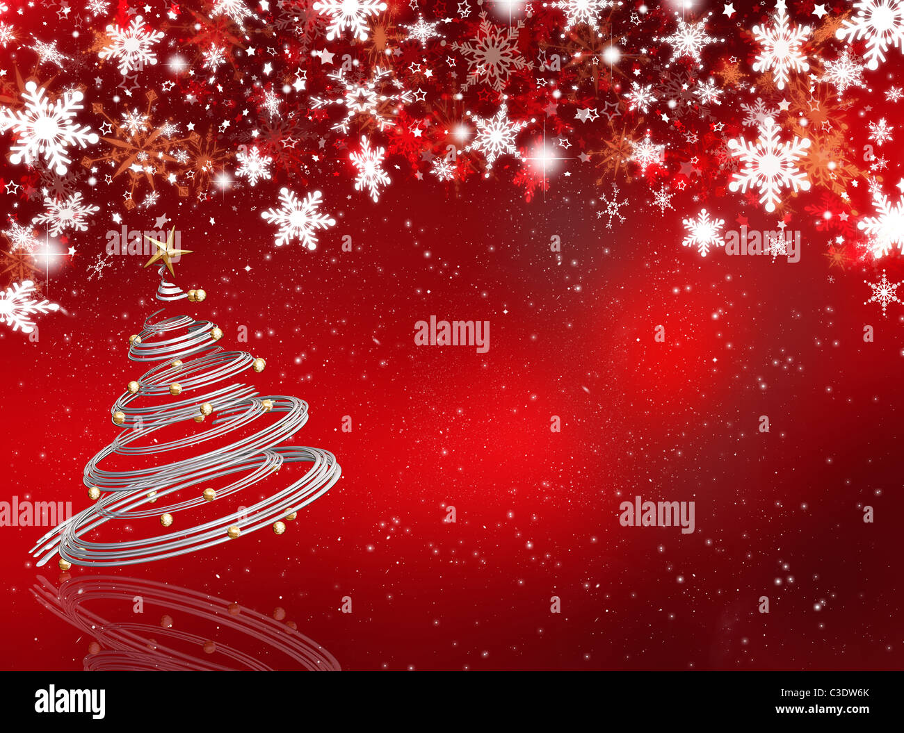 Albero di natale su sfondo astratto di fiocchi di neve e stelle Foto Stock