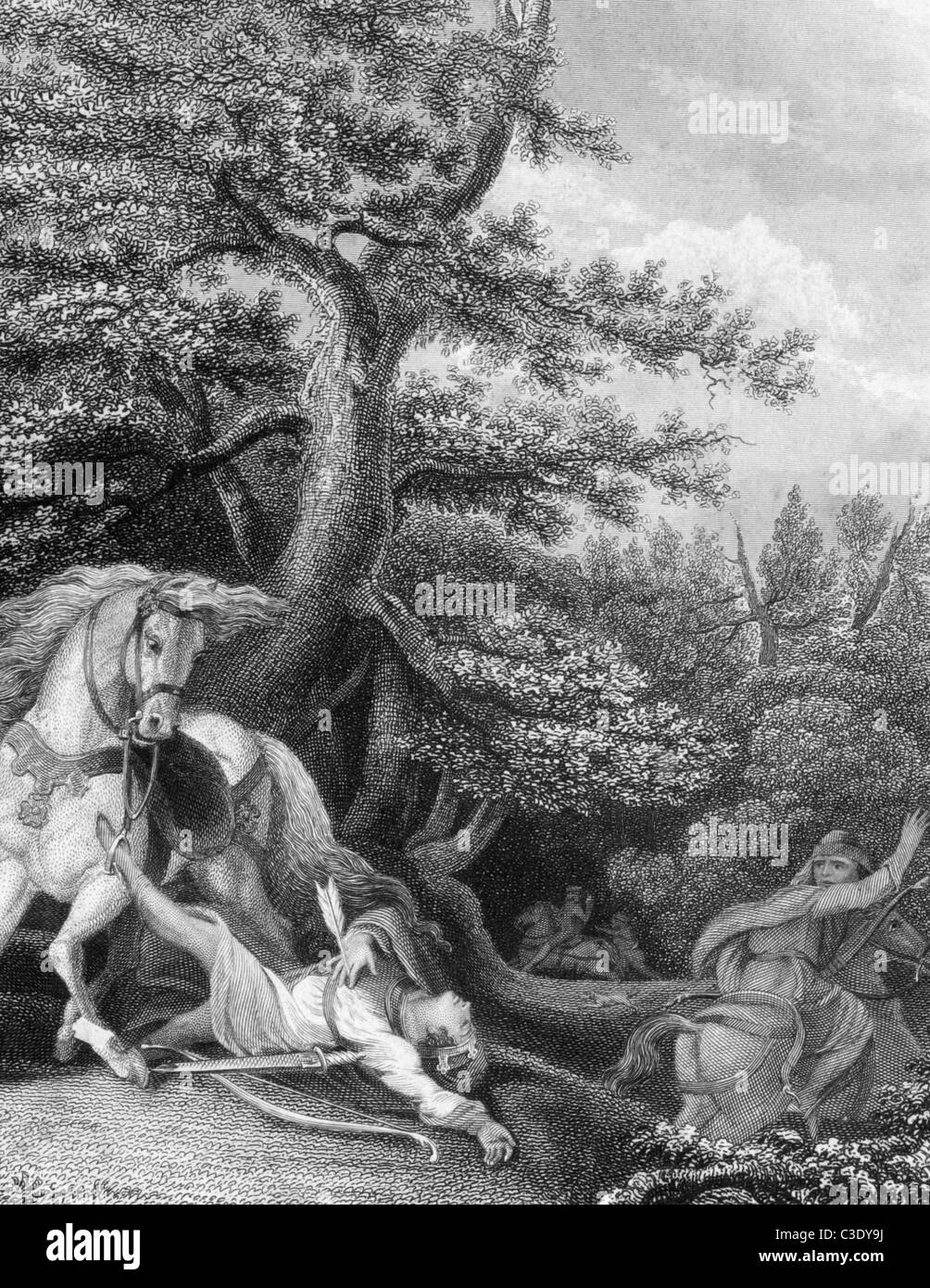 Decesso di William Rufus durante un viaggio di caccia nella foresta di nuovo su incisione dal 1800s. Re di Inghilterra durante il 1087-1100. Foto Stock