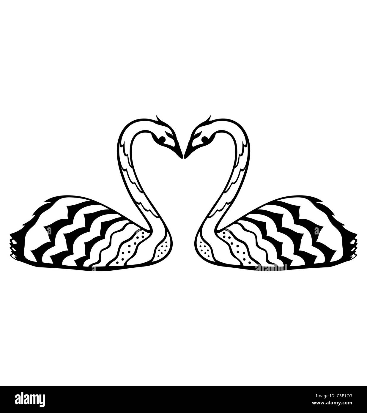 Una decorativa cigni in amore, illustrata nella carta tagliata stile. Foto Stock