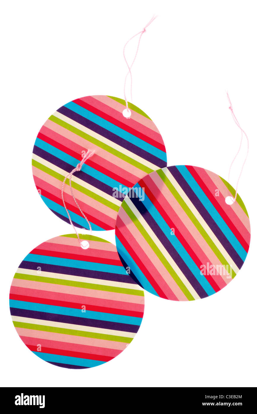 Tre Striped Multicolore tag regalo Foto Stock