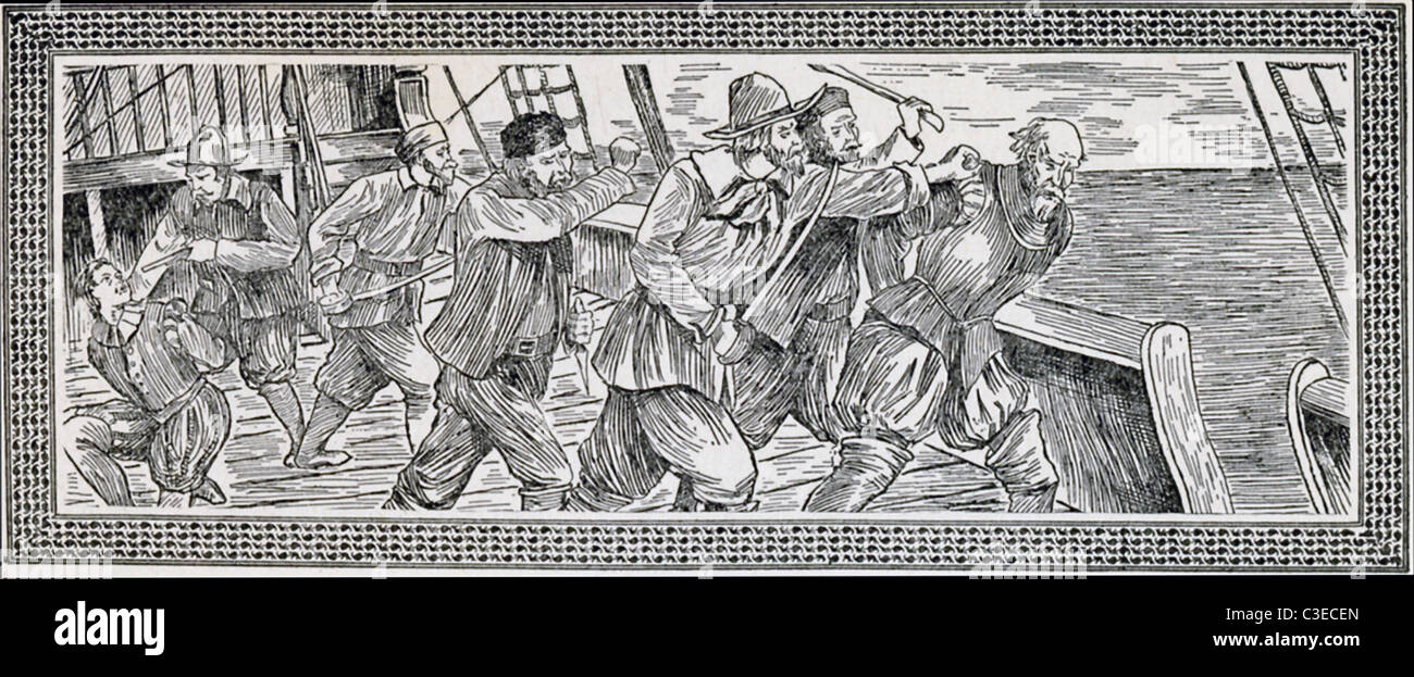 Nel giugno 1611, alcuni di Hudson's crew mutinied e impostare Hudson, e suo figlio (in basso a sinistra) e sette membri di equipaggio alla deriva in James Bay Foto Stock