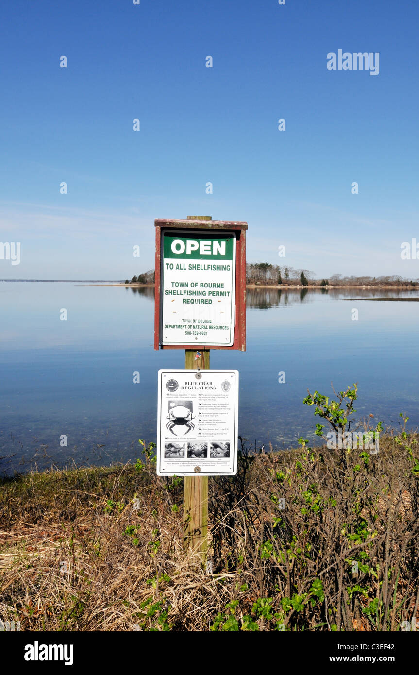 Aperto a tutti segno shellfishing e regolamenti bluecrab segni posted in oceani edge su Cape Cod, STATI UNITI D'AMERICA Foto Stock