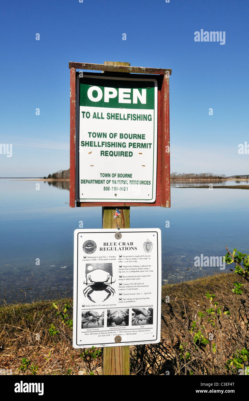 Close up aperto a tutti shellfishing firmare con i regolamenti per il granchio blu pubblicato a Little Bay ,Monaci Park, Pocasset Cape Cod STATI UNITI D'AMERICA Foto Stock