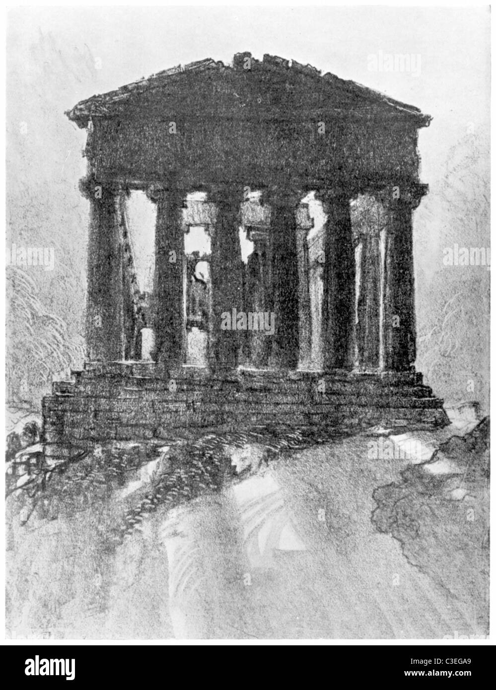 Sunrise dietro il Tempio della Concordia, Girgenti, Sicilia; una litografia di una penna-e-ink sketch da Joseph Pennell. Foto Stock