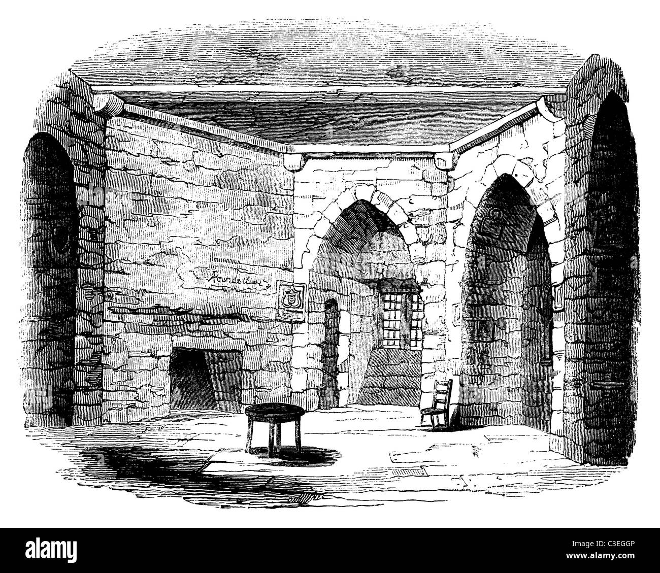 L'interno di Beauchamp Tower, parte dell'antico castello della Torre di Londra in Inghilterra. Foto Stock